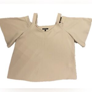 **Melanie Lyne** Beige Wide Strap Cold-Shoulder Short Sleeves Flutter Sleeve Top